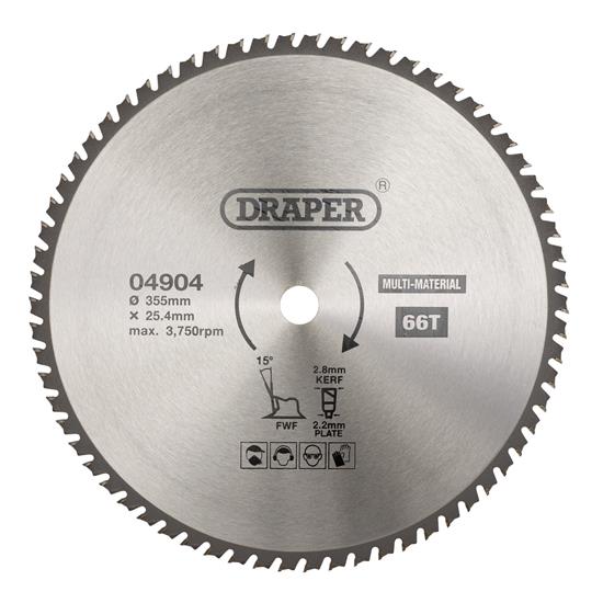 Draper 04904 (SBM9) - TCT Multi-Purpose Circular Saw Blade, 355 x 25.4mm, 66T