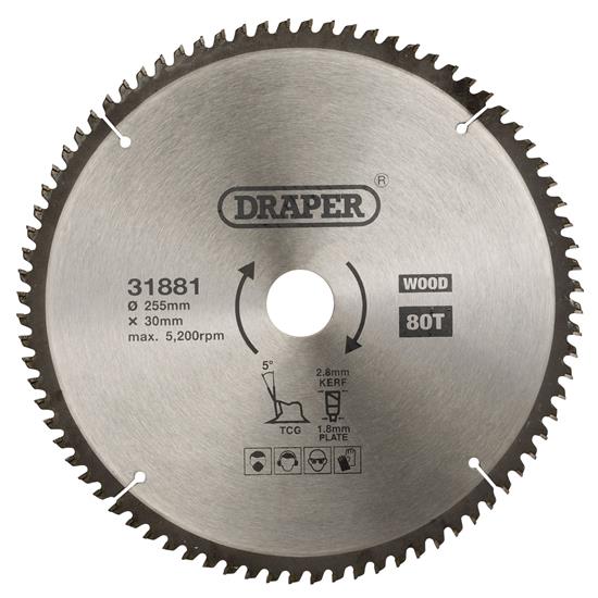 Draper 31881 (SBTCG1) - TCT Triple Chip Grind Circular Saw Blade, 255 x 30mm, 80T