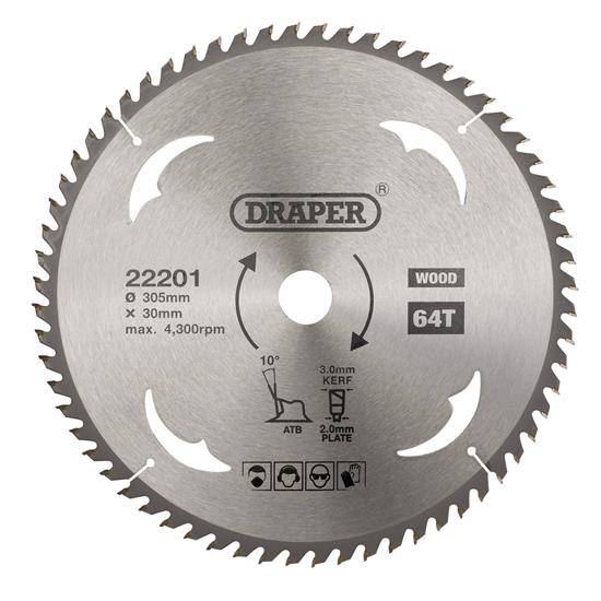 Draper 22201 (SBW16) - TCT Circular Saw Blade for Wood, 305 x 30mm, 64T
