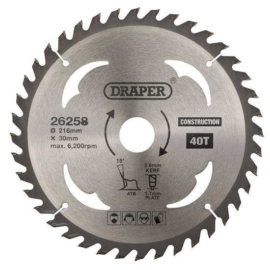 Draper 26258 (SBC5) - TCT Construction Circular Saw Blade, 216 x 30mm, 40T