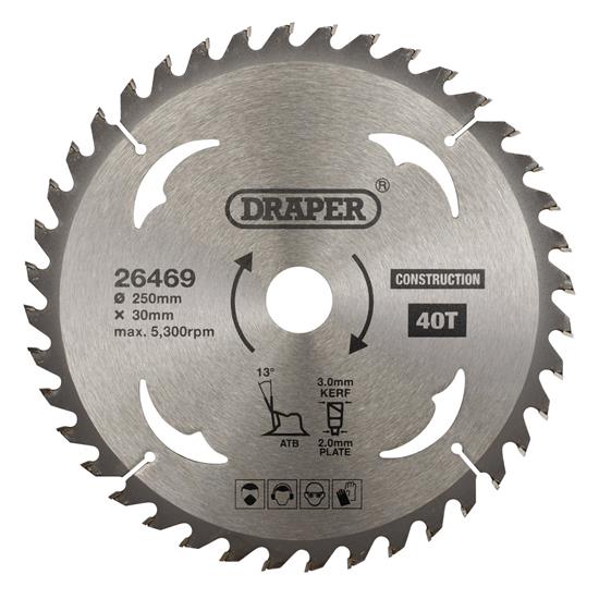 Draper 26469 (SBC7) - TCT Construction Circular Saw Blade, 250 x 30mm, 40T