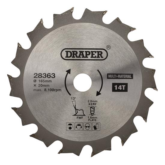 Draper 28363 (SBM1) - TCT Multi-Purpose Circular Saw Blade, 165 x 20mm, 14T