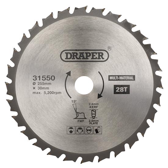 Draper 31550 (SBM8) - TCT Multi-Purpose Circular Saw Blade, 255 x 30mm, 28T