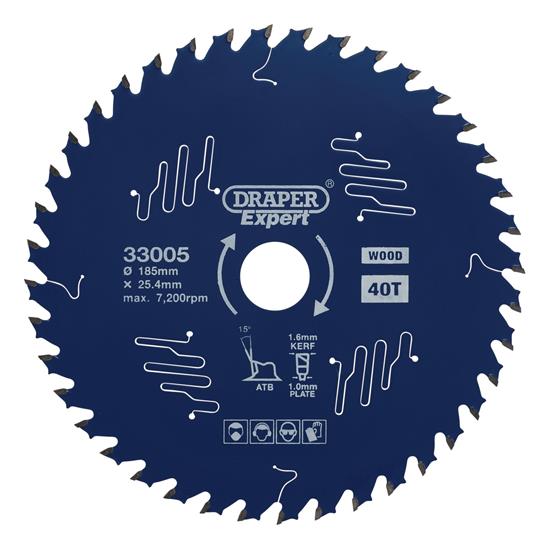 Draper 33005 (SBE2) - Draper Expert TCT Circular Saw Blade for Wood with PTFE Coating, 185 x 25.4mm, 40T