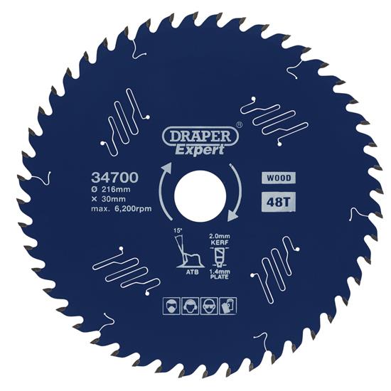 Draper 34700 (SBE4) - Draper Expert TCT Circular Saw Blade for Wood with PTFE Coating, 216 x 30mm, 48T