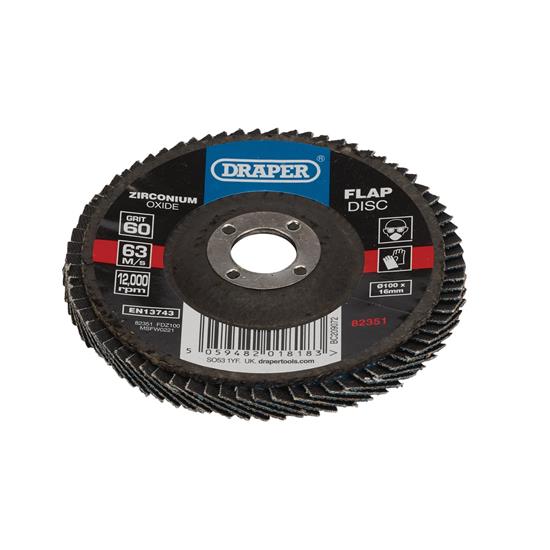 Draper 82351 ⣽Z100) - Zirconium Oxide Flap Disc, 100 x 16mm, 60 Grit