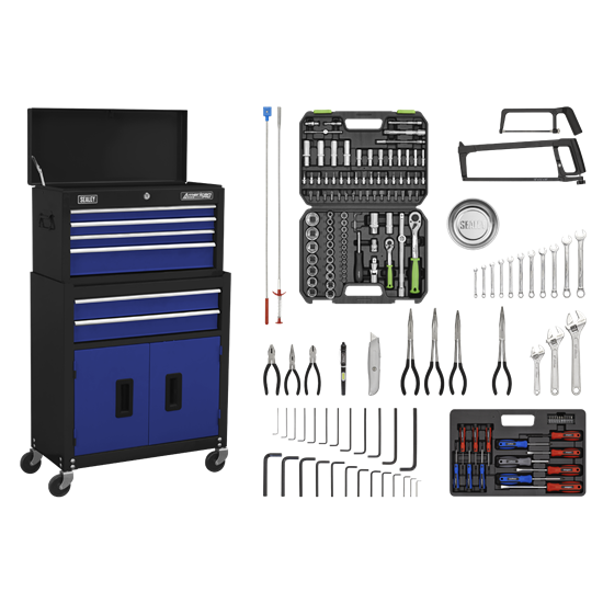 Sealey AP22BCOMBO - Topchest & Rollcab Combination 6 Drawer with Ball-Bearing Slides - Blue/Black & 128pc Tool Kit