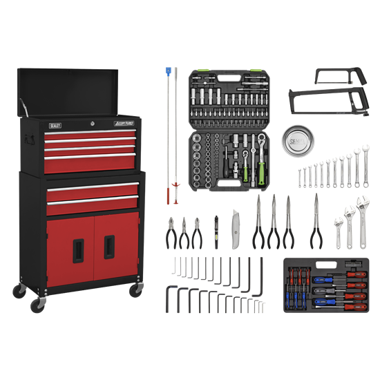Sealey AP22RCOMBO - Topchest & Rollcab Combination 6 Drawer with Ball-Bearing Slides - Red/Black & 128pc Tool Kit