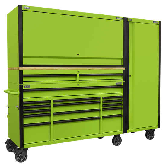 Sealey AP6115BECOMBO2 - 15 Drawer 1549mm Mobile Trolley with Wooden Worktop, Hutch, 2 Drawer Riser & Side Locker
