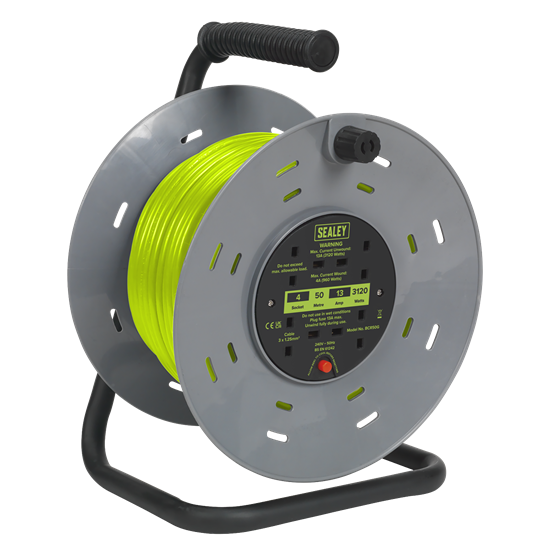 Sealey BCR50G - Cable Reel with Thermal Trip 4 x 230V Sockets 50m - Green