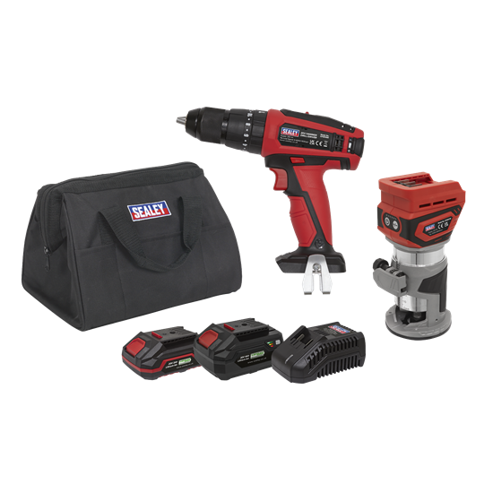 Sealey CP20VCOMBO12 - 2 x 20V SV20 Series Cordless Router & Combi Drill Kit - 2 Batteries