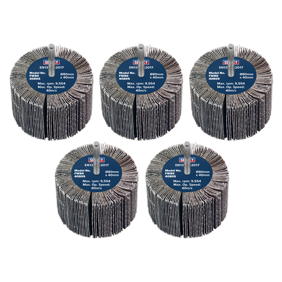 Sealey FW8040805 - Abrasive Flap Wheel Ø80 x 40mm 80Grit Ø6mm Shaft - Pack of 5