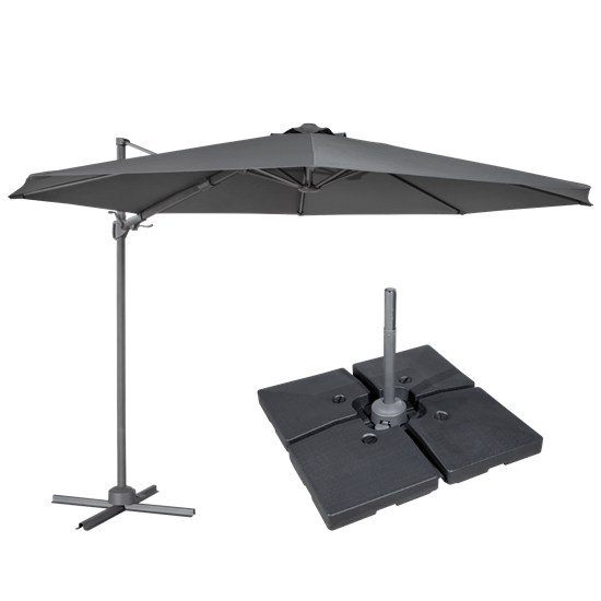 Dellonda DG272 - Dellonda Ø3m Cantilever Parasol/Umbrella, Cover and Base Bundle, 8 Rib, Crank Handle, 360° Rotation, 60° Tilt, Grey Canopy - DG272