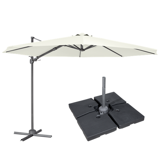 Dellonda DG273 - Dellonda Ø3m Cantilever Parasol/Umbrella, Cover and Base Bundle, 8 Rib, Crank Handle, 360° Rotation, 60° Tilt, Cream Canopy