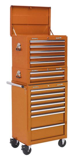 Sealey APSTACKTO - Topchest, Mid-Box & Rollcab Combination 14 Drawer with Ball Bearing Slides - Orange